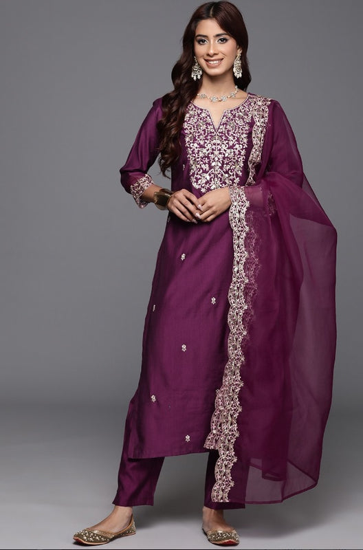 Women’s Chanderi Embroidered Kurta with Stitched Bottom & Organza Dupatta Set