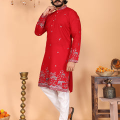 Men’s Heavy Linen Cotton Sequence Embroidered Kurta with Semi Cotton Chudidar