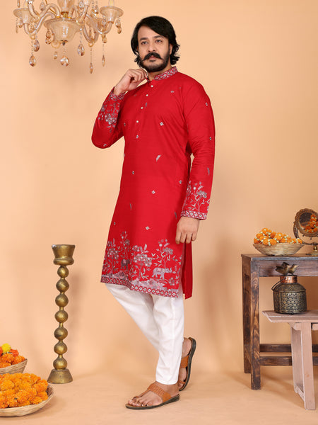 Men’s Heavy Linen Cotton Sequence Embroidered Kurta with Semi Cotton Chudidar