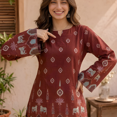 Women’s Maroon Cotton Kalamkari Bell Sleeve Tunic
