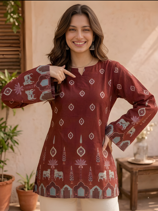 Women’s Maroon Cotton Kalamkari Bell Sleeve Tunic