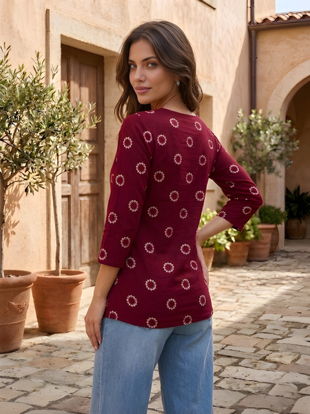 Women’s Maroon Cotton Printed Straight Tunic