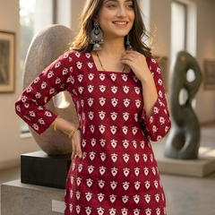 Women’s Maroon Cotton Printed Short Tunic