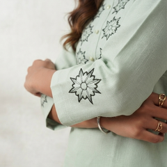 Women’s Sage Green Linen Cotton Embroidered Split Neck Top