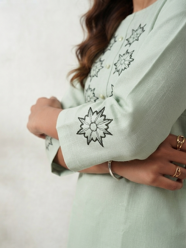 Women’s Sage Green Linen Cotton Embroidered Split Neck Top