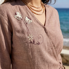 Women’s Dusty Rose Linen Cotton Embroidered V-Neck Top
