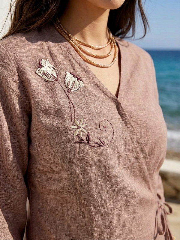 Women’s Dusty Rose Linen Cotton Embroidered V-Neck Top