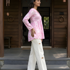 Women’s White-Pink Cotton Printed Flared Kurti