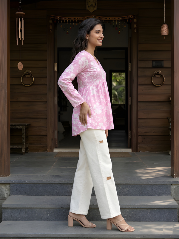 Women’s White-Pink Cotton Printed Flared Kurti
