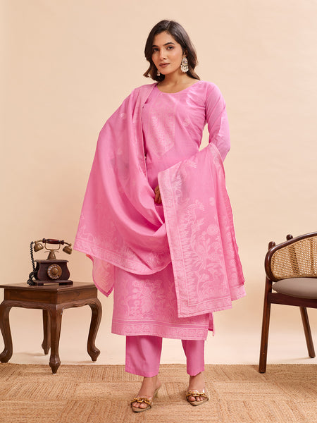 Women's Pure Cotton Jacquard Kurta With Pant & Cotton Dupatta Set