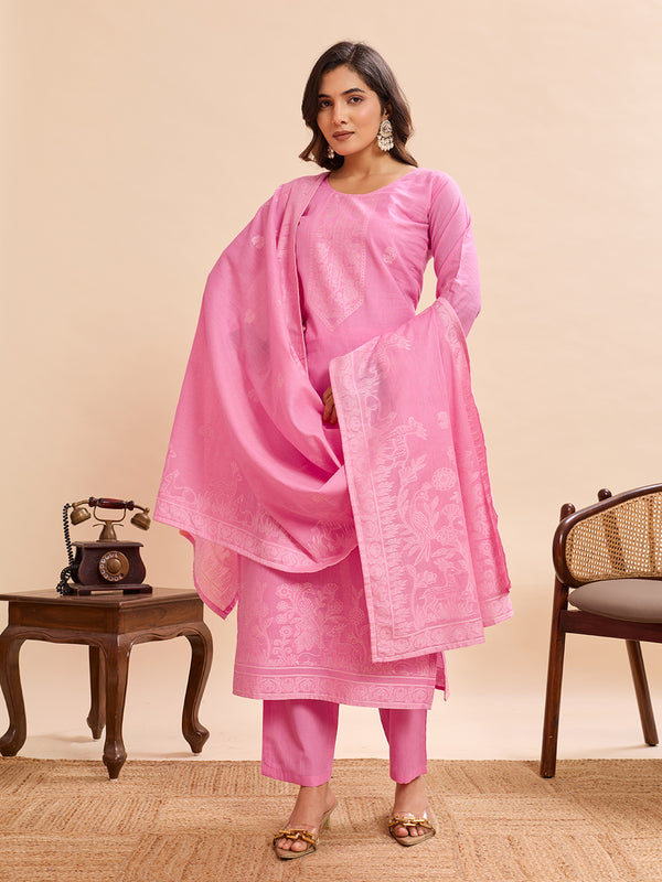 Women's Pure Cotton Jacquard Kurta With Pant & Cotton Dupatta Set