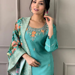 Women's Silk Blend Kurta Pant Set With Dupatta