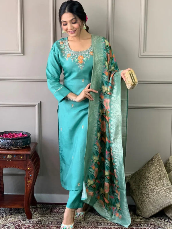 Women's Silk Blend Kurta Pant Set With Dupatta
