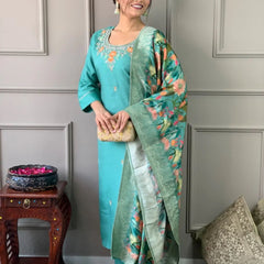 Women's Silk Blend Kurta Pant Set With Dupatta