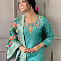 Women's Silk Blend Kurta Pant Set With Dupatta