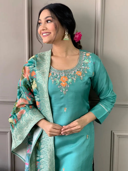 Women's Silk Blend Kurta Pant Set With Dupatta