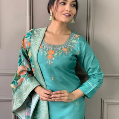 Women's Silk Blend Kurta Pant Set With Dupatta