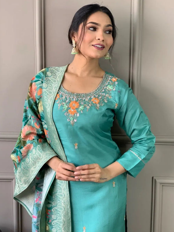 Women's Silk Blend Kurta Pant Set With Dupatta