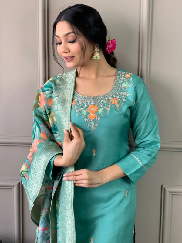 Women's Silk Blend Kurta Pant Set With Dupatta