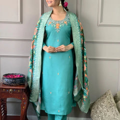 Women's Silk Blend Kurta Pant Set With Dupatta