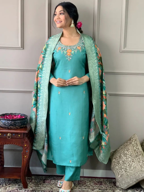 Women's Silk Blend Kurta Pant Set With Dupatta