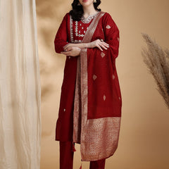 Women's Red Embroidered Cotton Blend Kurta Pant Set With Dupatta