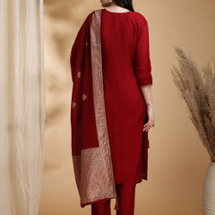 Women's Red Embroidered Cotton Blend Kurta Pant Set With Dupatta