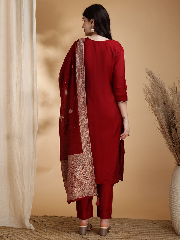 Women's Red Embroidered Cotton Blend Kurta Pant Set With Dupatta