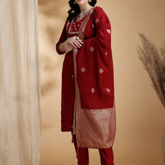 Women's Red Embroidered Cotton Blend Kurta Pant Set With Dupatta