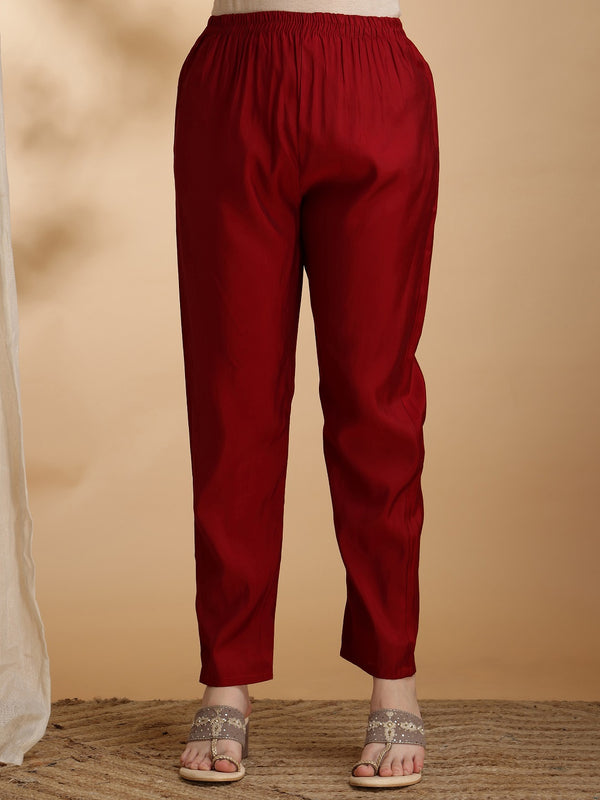 Women's Red Embroidered Cotton Blend Kurta Pant Set With Dupatta