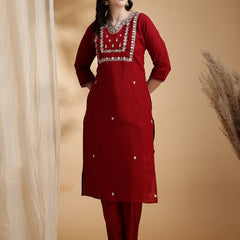 Women's Red Embroidered Cotton Blend Kurta Pant Set With Dupatta