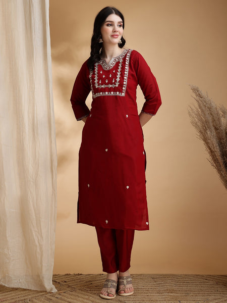 Women's Red Embroidered Cotton Blend Kurta Pant Set With Dupatta