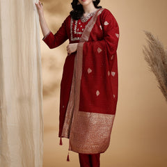 Women's Red Embroidered Cotton Blend Kurta Pant Set With Dupatta