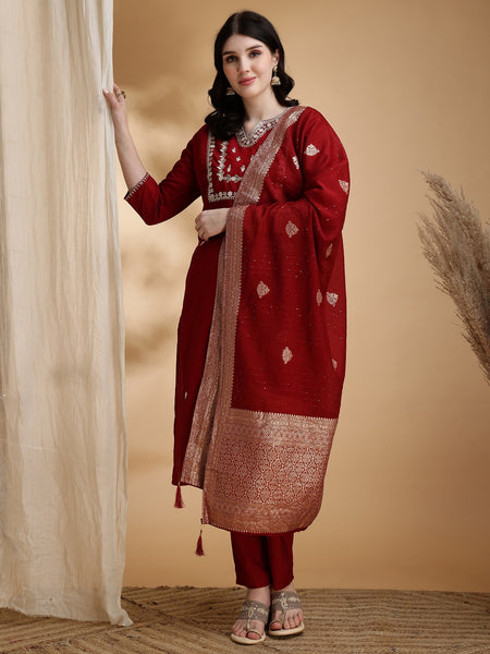 Women's Red Embroidered Cotton Blend Kurta Pant Set With Dupatta