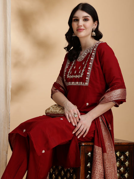 Women's Red Embroidered Cotton Blend Kurta Pant Set With Dupatta