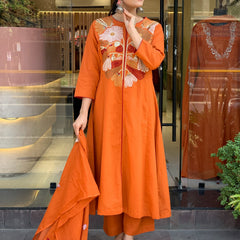 Chanderi Silk Embroidered Kurta Pant Set with Chanderi Dupatta