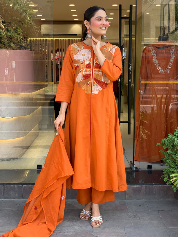 Chanderi Silk Embroidered Kurta Pant Set with Chanderi Dupatta