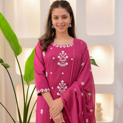 Women’s Rayon Slub Embroidered Kurta With Pant & Chanderi Dupatta Set