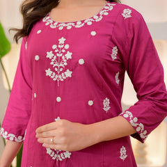 Women’s Rayon Slub Embroidered Kurta With Pant & Chanderi Dupatta Set