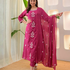 Women’s Rayon Slub Embroidered Kurta With Pant & Chanderi Dupatta Set