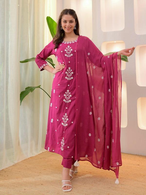 Women’s Rayon Slub Embroidered Kurta With Pant & Chanderi Dupatta Set