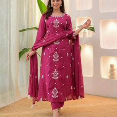 Women’s Rayon Slub Embroidered Kurta With Pant & Chanderi Dupatta Set