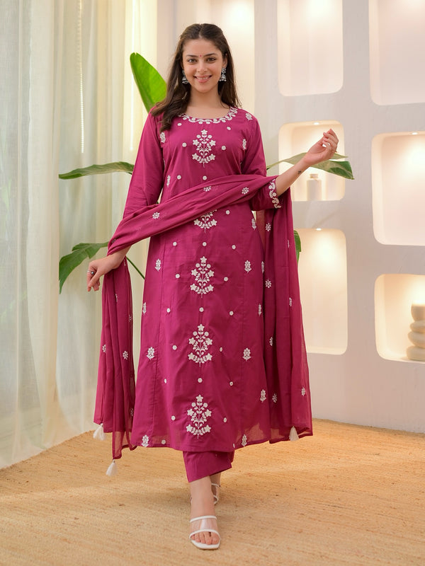 Women’s Rayon Slub Embroidered Kurta With Pant & Chanderi Dupatta Set