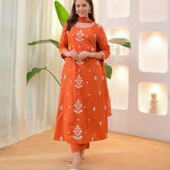 Women’s Rayon Slub Embroidered Kurta With Pant & Chanderi Dupatta Set