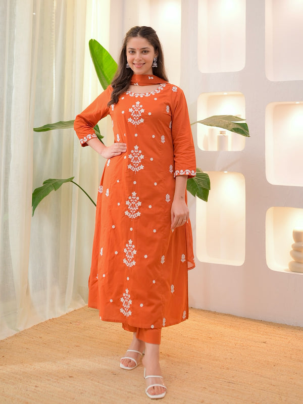 Women’s Rayon Slub Embroidered Kurta With Pant & Chanderi Dupatta Set