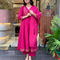 Women's Chanderi Silk Kurta Pant Set With Embroidered Dupatta