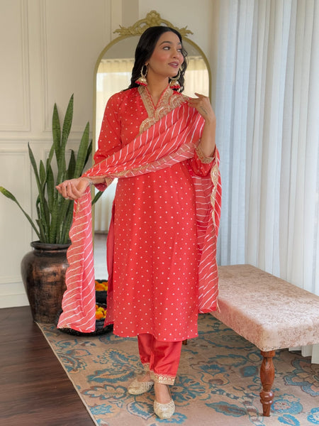 Women's Bandhani Print Embroidered Kurta Pant Set With Muslin Dupatta