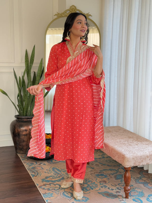 Women's Bandhani Print Embroidered Kurta Pant Set With Muslin Dupatta
