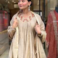 Women’s Chanderi Embroidered Kurti With Stitched Bottom & Dupatta Set