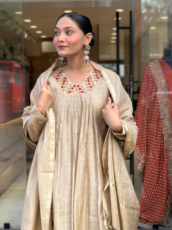 Women’s Chanderi Embroidered Kurti With Stitched Bottom & Dupatta Set